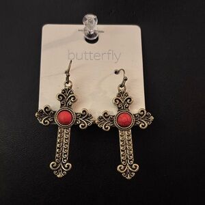 Butterfly Gold and Red Ornate Cross Earrings